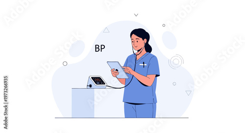 Nurse with Stethoscope and Blood Pressure Monitor, Digital Health Record