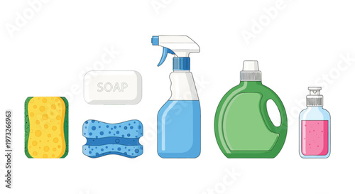 A practical assortment of household cleaning supplies including sponges and detergent bottles stands neatly arranged against a plain white background with bright clear lighting.