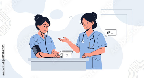Nurse measuring blood pressure of patient, medical checkup, healthcare illustration