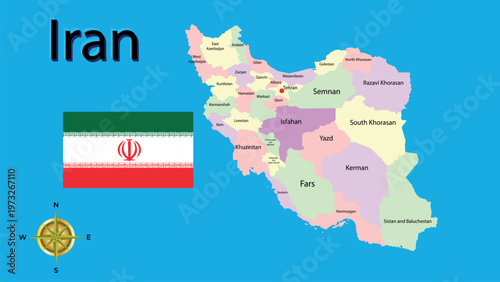 Detailed political map of Iran with provinces, city names, capital Tehran and national flag on blue background.