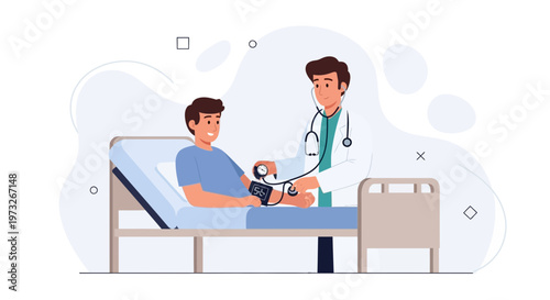 Doctor measuring patient's blood pressure in hospital bed, medical checkup illustration