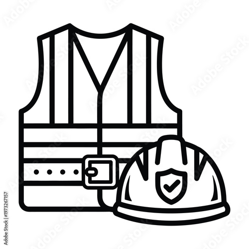 Personal protective equipment icon with safety vest and hard hat for workplace security with high visibility with line art with black