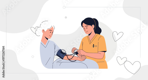 Nurse checking elderly woman's blood pressure, healthcare illustration