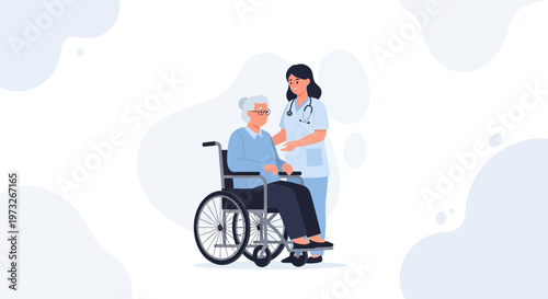Nurse assisting elderly woman in wheelchair, healthcare concept