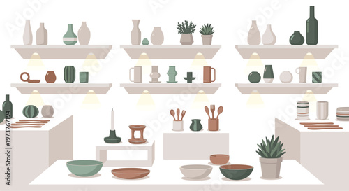 A serene pottery studio displays a curated collection of handcrafted ceramic vases and bowls on minimalist white shelving units under warm spotlighting accents.