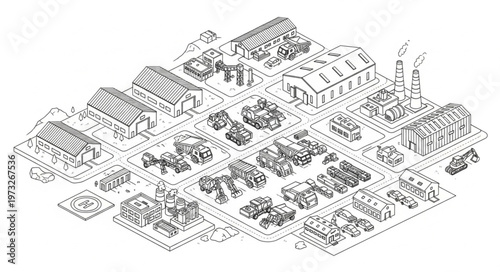 Isometric architectural city model showing urban building cluster.