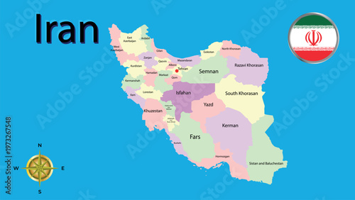 Detailed administrative map of Iran with provinces, city names, Tehran capital and circular national flag icon.