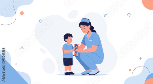 Nurse comforting child with teddy bear, healthcare, pediatric care, medical assistance