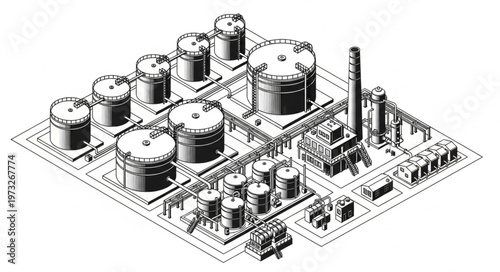 Industrial Oil Refinery Complex With Storage Tanks.