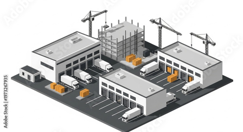 Industrial warehouse construction site with cranes and trucks.