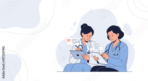 Two doctors collaborating, reviewing medical data on laptop and tablet, modern healthcare concept