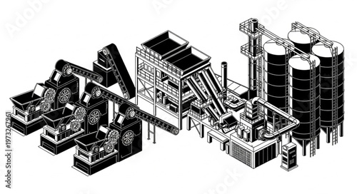 Industrial processing plant with silos conveyors and tanks.