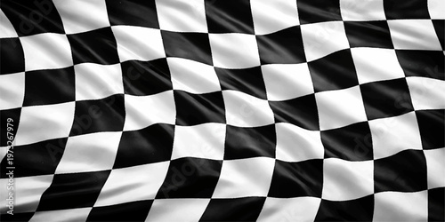 A waving black and white chequered racing flag pattern symbolizes the speed and success of a winner finishing a Formula 1 auto competition at the finish line