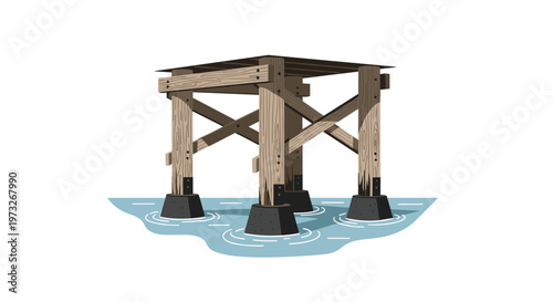 A meticulously detailed wooden pier foundation with heavy timber beams and cross-bracing rests on solid concrete footings within serene blue rippling water.