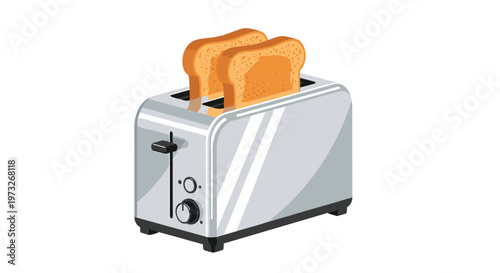 A polished silver metallic toaster with a minimalist design and a single black control knob contains two slices of warm toasted wheat bread against white.