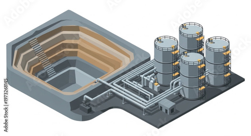 Industrial water treatment plant with storage tanks.