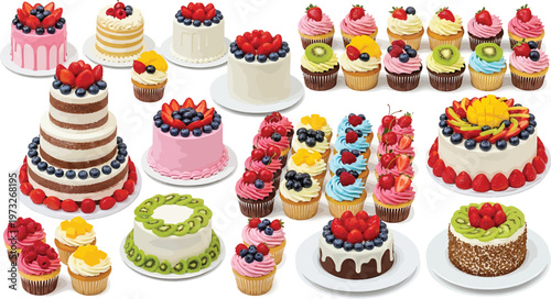 Assorted Colorful Cakes and Cupcakes with Fruits on White Background
