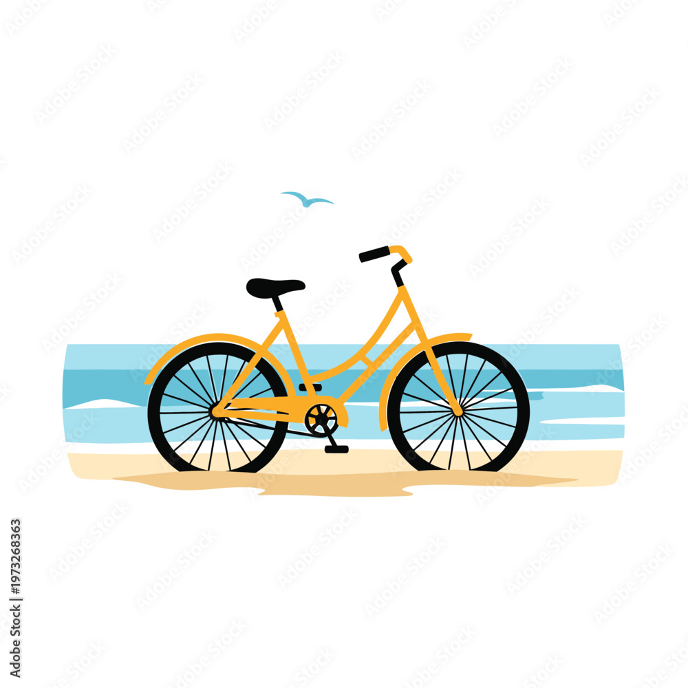Fototapeta premium Coastal Cruiser: A cheerful illustration of a yellow bicycle resting on a sandy shore, evokes a sense of freedom and leisurely days by the sea.