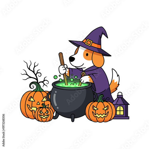 Halloween Hound's Brew: A whimsical illustration depicts a canine, donned in a witch's attire, stirring a bubbling cauldron amidst grinning pumpkins and eerie decor.