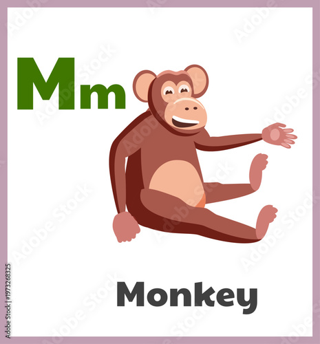 Monkey letter M english alphabet card children