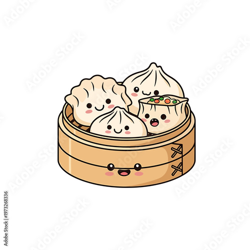 Delightful Dumplings in a Bamboo Steamer: A charming illustration of smiling dumplings nestled in a classic bamboo steamer, inviting a culinary adventure. 