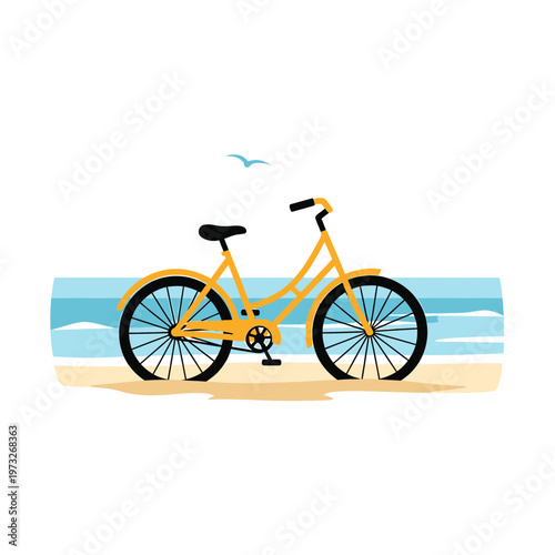Coastal Cruiser: A cheerful illustration of a yellow bicycle resting on a sandy shore, evokes a sense of freedom and leisurely days by the sea.
