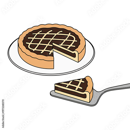 Chocolate Tart Delight: A tempting chocolate tart, elegantly presented on a plate, with a slice removed, ready to be savored.