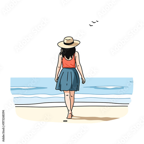 Coastal Stroll: A woman, seen from behind, saunters along a sandy shore, her eyes fixed on the tranquil horizon. The soft ocean breeze and gentle waves creates a serene vacation.