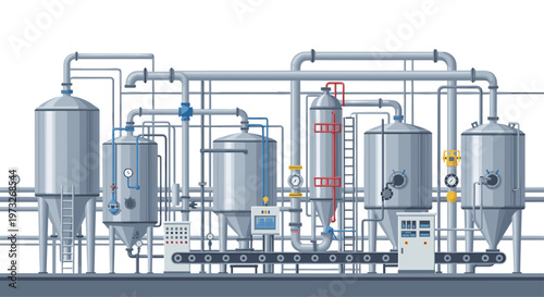 A sophisticated industrial processing plant consists of massive stainless steel storage tanks and a network of intricate pipes above a long conveyor belt.