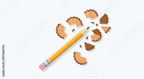 A classic yellow wooden pencil with a sharp graphite tip lies diagonally amidst scattered brown shavings on a pristine light grey background surface.