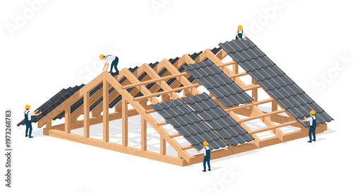 Meticulous construction workers wearing yellow safety helmets and blue overalls install dark grey ceramic tiles onto a sturdy wooden house roof frame structure.