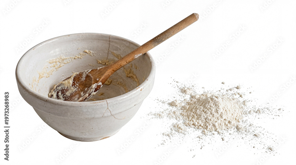 Fototapeta premium Rustic ceramic mixing bowl and wooden spoon rest after crafting a sweet treat, flour dust scattered on a pristine surface