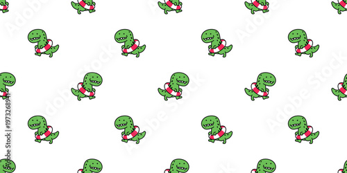 dinosaur seamless pattern t-rex Tyrannosaurus rex swimming ring inflatable cartoon walking vector character doodle illustration wrapping paper tile background repeat wallpaper scarf isolated design