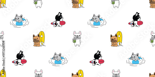 french bulldog seamless pattern dog surf inflatable swimming ring pool beach boba milk tea ocean puppy vector pet cartoon gift wrapping paper repeat wallpaper tile background doodle illustration isola