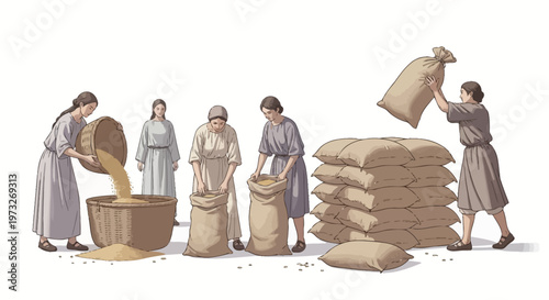 People working with sacks and grains.