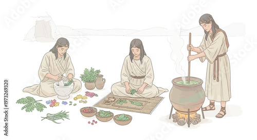 Women preparing traditional food meal.