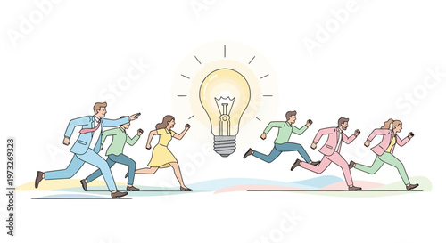 Business people running to light bulb.