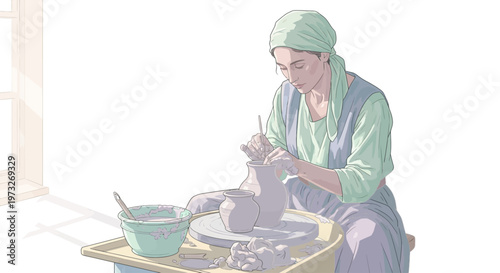 Woman working on pottery wheel studio.