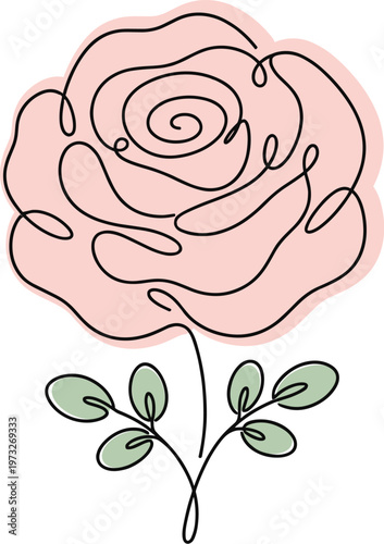 Continuous single line drawing of a blooming pink rose flower with green leaves, isolated on white background / transparent. Vector