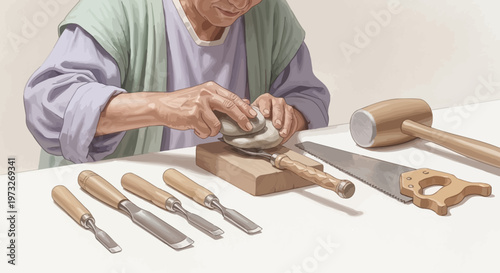 Person using woodworking tools on table.