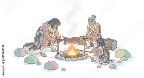 Ancient people sitting by campfire.