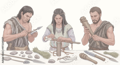 Ancient people making stone tools.