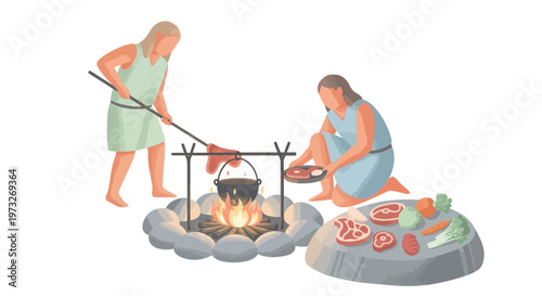 Two women cooking over campfire outdoors.