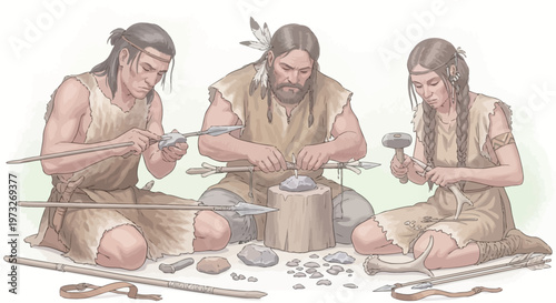 Ancient people working with stones tools.