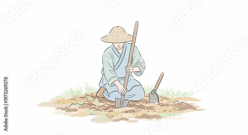 Man kneeling with garden tools.