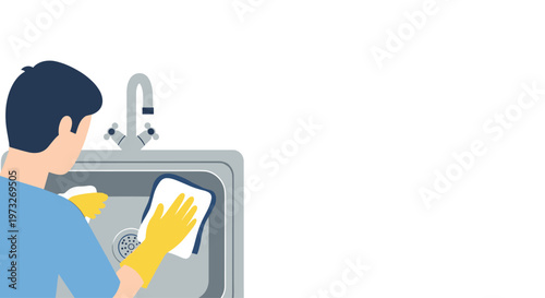A diligent man wearing protective yellow rubber gloves and a blue shirt uses a white cloth to scrub a clean stainless steel kitchen sink basin area.