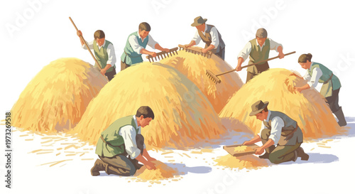 Farmers threshing wheat by hand.