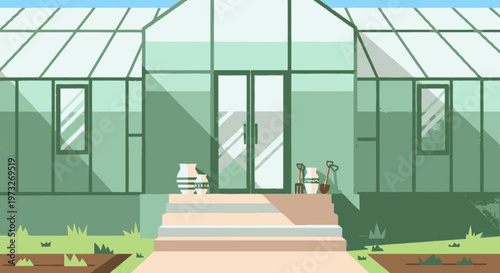 Greenhouse with glass roof panels.