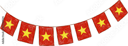 Decorative bunting featuring rectangular Vietnam national flags on a string