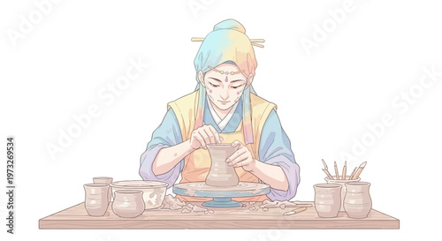 Woman working on pottery wheel craft.